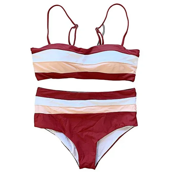 High-Waisted Colorblock Bandeau Bikini Set in Red - Picture 8 of 12